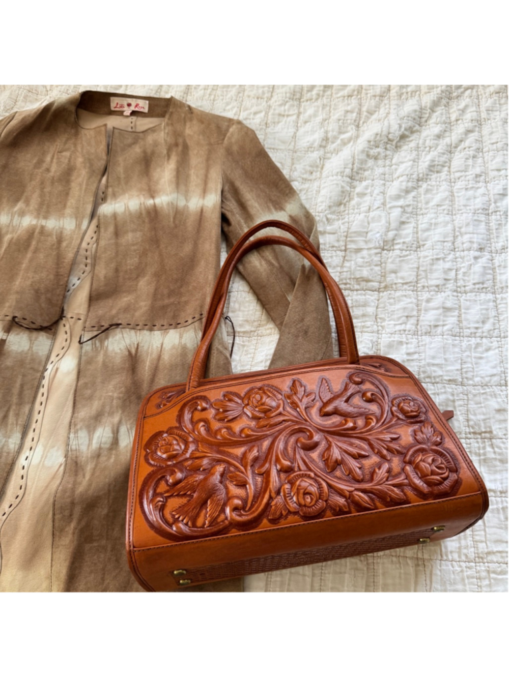 Hand Tooled Leather Purse From Mexico • Intricate Rose and Bird Designs